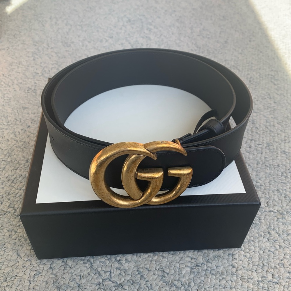 Gucci Marmont Black Leather Belt with Shiny Buckle
